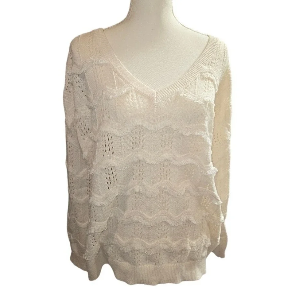 EVRI 1X V-Neck Pointelle Fringe Knit Sweater Womens‎ Cream Boho Cottagecore